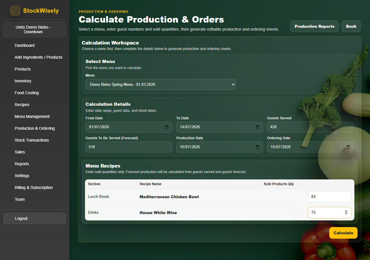 Production and ordering reports — prep quantities and order suggestions